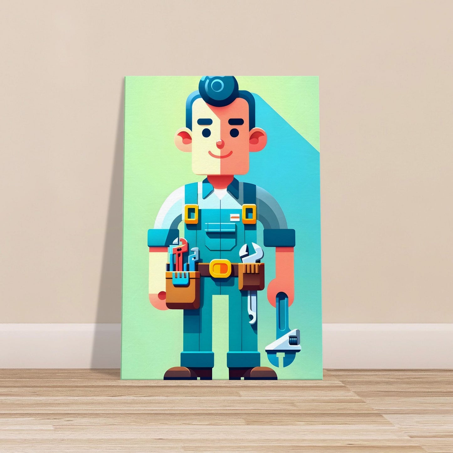 Minimalist cartoon Plumber Pete in blue and green work outfit with a tool belt on a solid background.