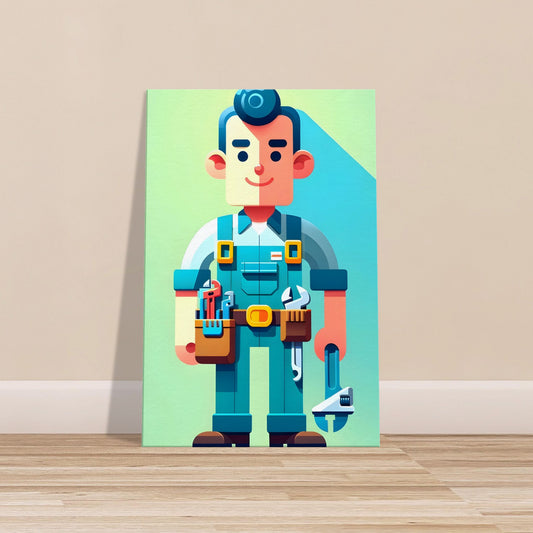 Minimalist cartoon Plumber Pete in blue and green work outfit with a tool belt on a solid background.