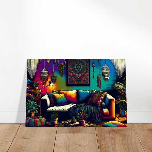 Pop art canvas of a colorful bohemian sofa with patterned cushions, indoor plants, tapestries, and macrame in a cozy eclectic room.