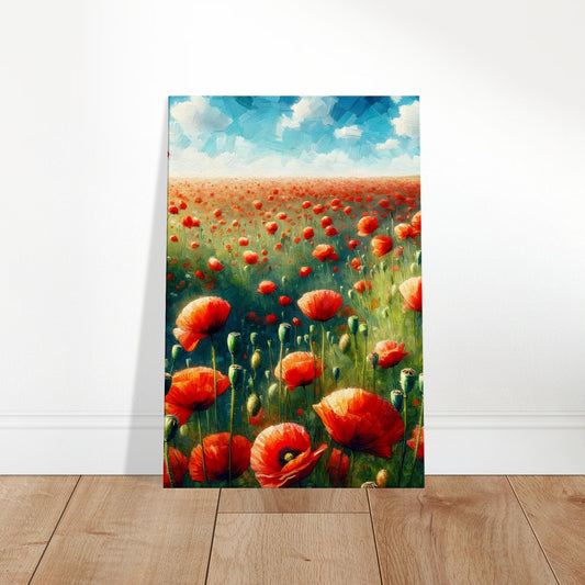 Landscape painting of a vibrant red poppy field under a clear blue sky with green foliage and flowers in various stages of bloom.