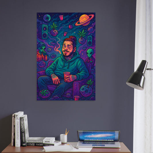 Post Malone lounging on a floating couch in space surrounded by alien rappers, red cups, and asteroid speakers – chill cosmic metal art.