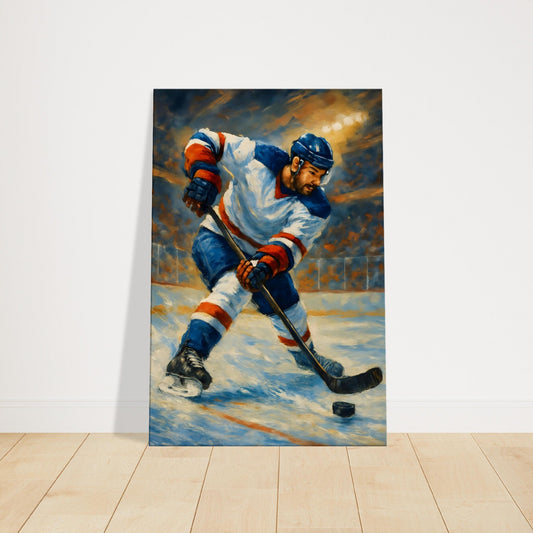 Ice hockey forward skating at full speed during a power play, stick ready to strike under arena lights.