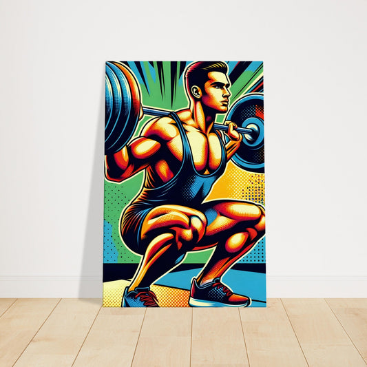 Pop art canvas of a man performing a heavy squat in bright, abstract colors