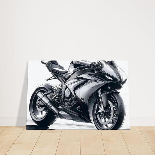 Detailed monochrome sketch of a racing motorcycle, emphasizing its aerodynamic design and mechanical precision.