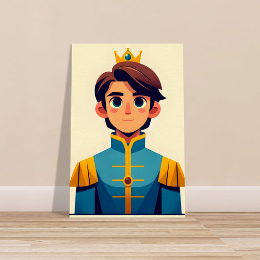 Cartoon-style Prince Valiant in blue and gold outfit with a simple crown and kind expression on a solid background.