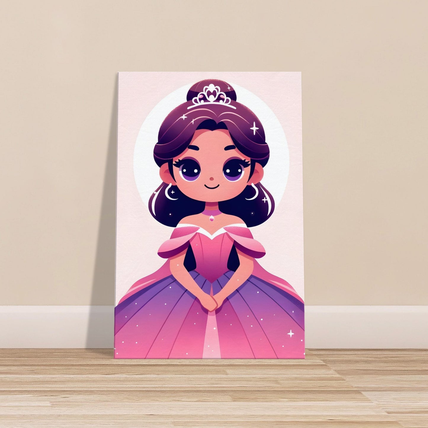 Cartoon-style Princess Serene in a pink and purple gown with a tiara and gentle expression.