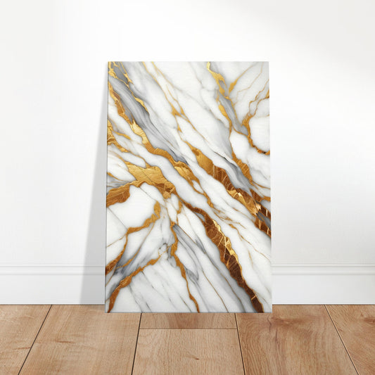 White marble wall art with broad gold veins and a polished finish for a clean, luxurious, and elegant look.