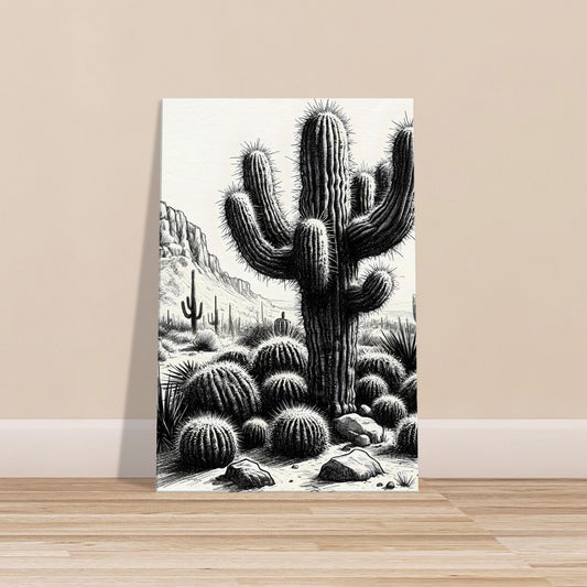 Black and white sketch of a large cactus with surrounding desert plants and a distant mesa.
