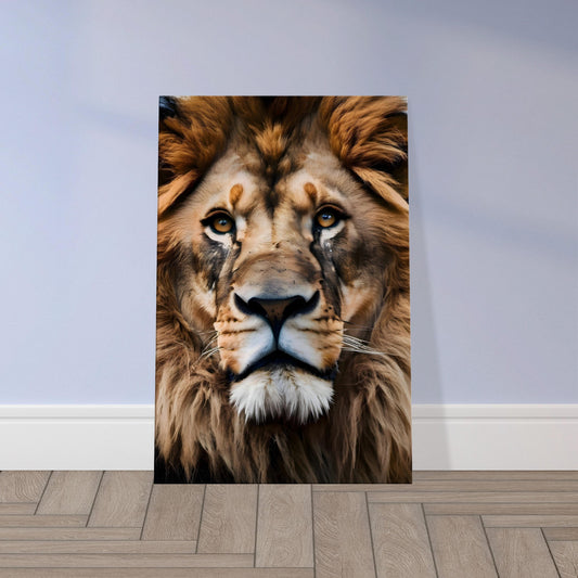Wall art of a proud lion with detailed mane and intense, soulful gaze.