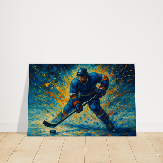 Abstract artwork of a hockey player at centre with swirling pucks and shards of ice in motion.
