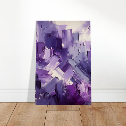 Abstract canvas with thick brushstrokes in soft lavender and deep violet, blending to create a textured purple haze.