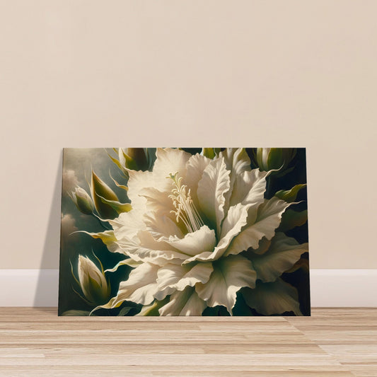 Luminous white night-blooming flower with soft shadows and dark background, titled Queen of the Night