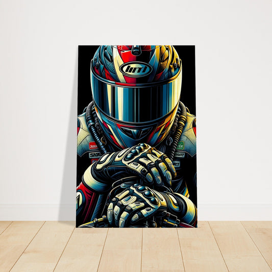 Motorcycle rider in racing suit and helmet, close-up view with vibrant graphics and intense expression, set against a dark backdrop.