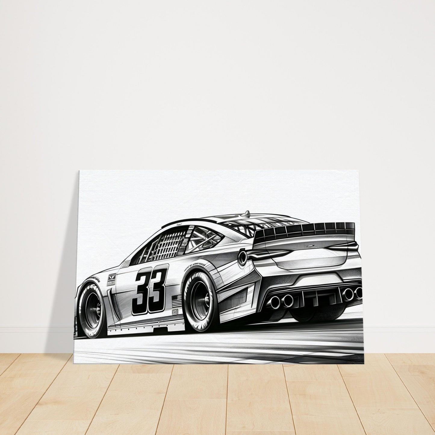 Monochrome sketch of aerodynamic racecar in motion, capturing speed and engineering elegance in minimalist style.