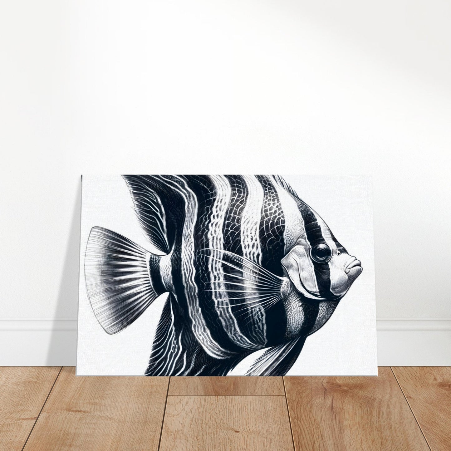 Pencil sketch of a radiant angelfish with elegant fins and striped patterns against a soft aquatic background.