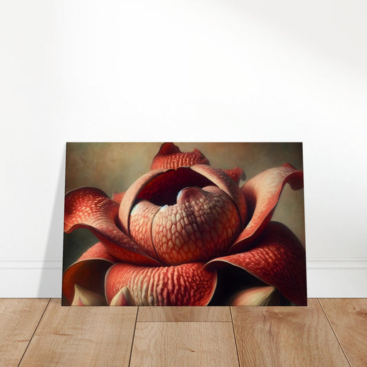 Artistic depiction of the Rafflesia Arnoldii with large red petals and a unique central structure, set against a neutral background.