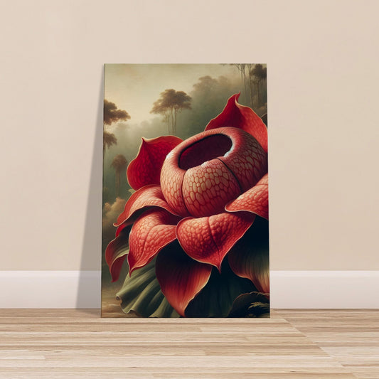 Large red Rafflesia arnoldii flower with veined petals in a tropical forest setting
