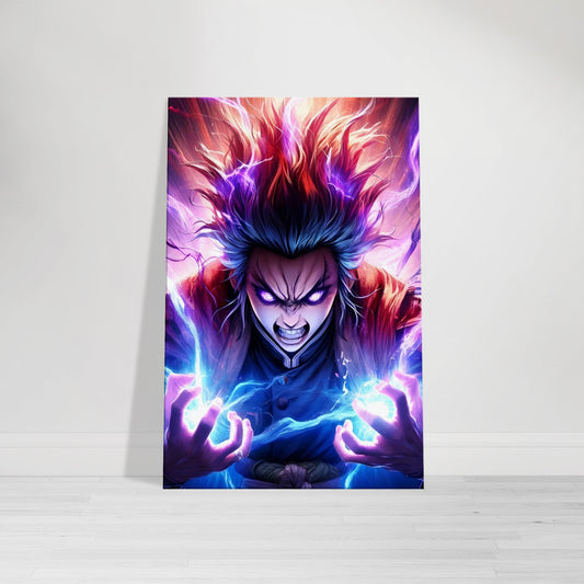 Anime warrior mid-transformation, surrounded by a swirling vortex of purple, red, and blue energy, eyes blazing with fury and power.