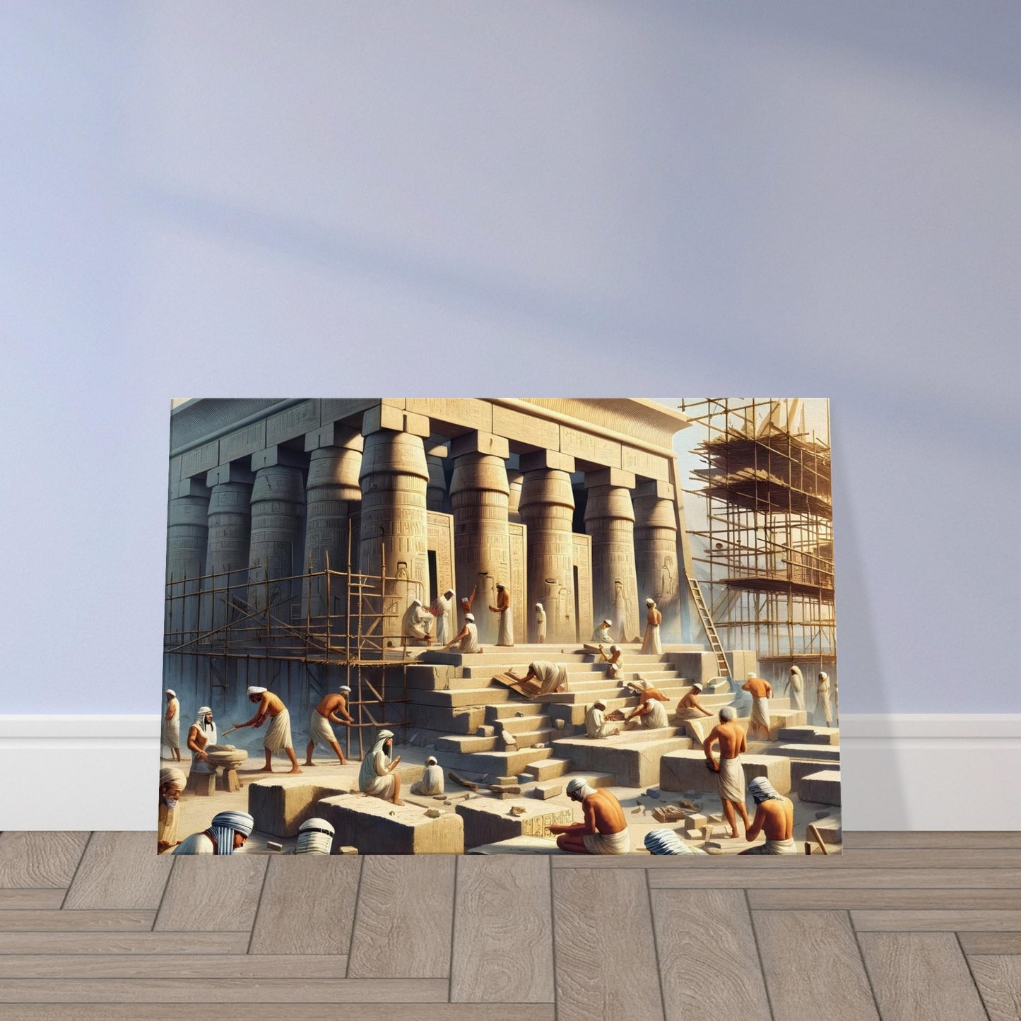 Ancient Egyptian workers and architects building temple walls with stone blocks, scaffolding, and detailed design scrolls.