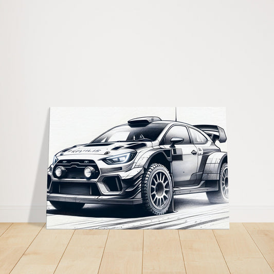 Detailed monochrome sketch of rally car with aerodynamic lines and off-road styling.