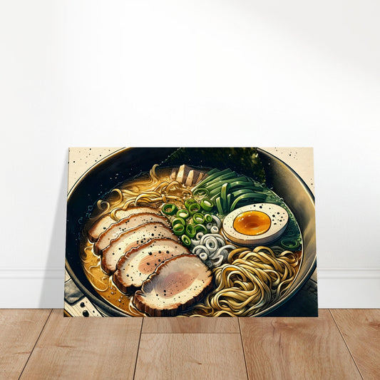 Canvas art depicting a steaming bowl of ramen with noodles, chashu pork, egg, green onions, and nori seaweed.