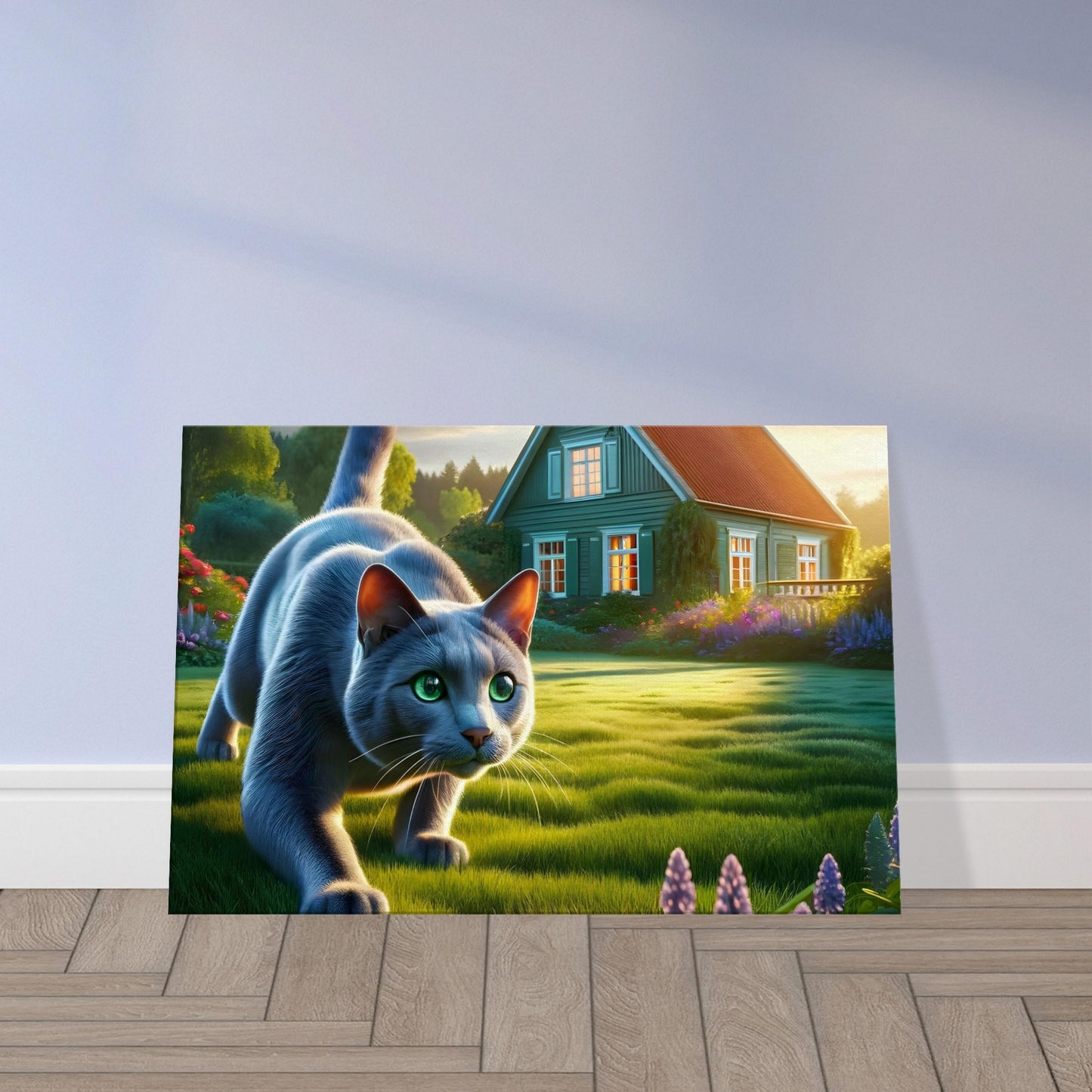 Russian Blue cat with green eyes poised in a garden at golden hour, ready to pounce, with a cozy cottage in the background.