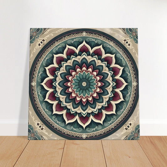 Mandala artwork with emerald green, burgundy, and slate blue accents on a muted beige and gray background, highlighting intricate patterns.