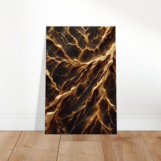 Chocolate brown marble wall art with prominent gold veining and a polished finish for a rich and regal appearance.