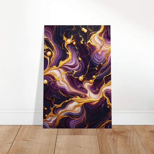 Royal purple marble wall art with bright gold swirling veins and a polished surface for a bold, luxurious effect.