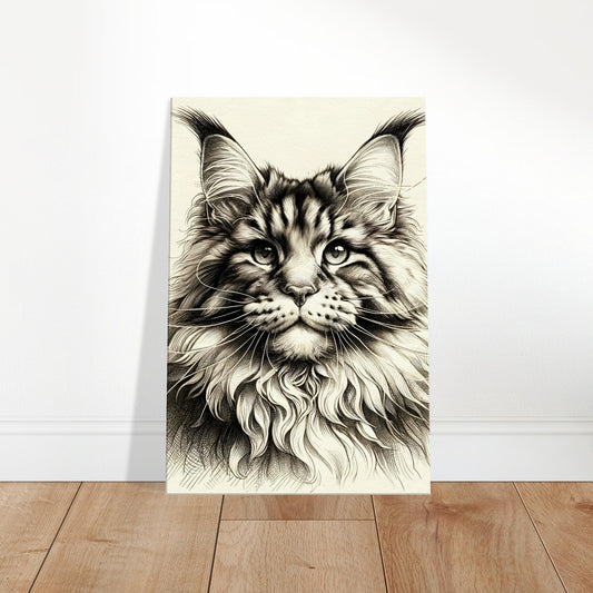Detailed black-and-white sketch of a Maine Coon cat with long fur, tufted ears, and a noble expression.