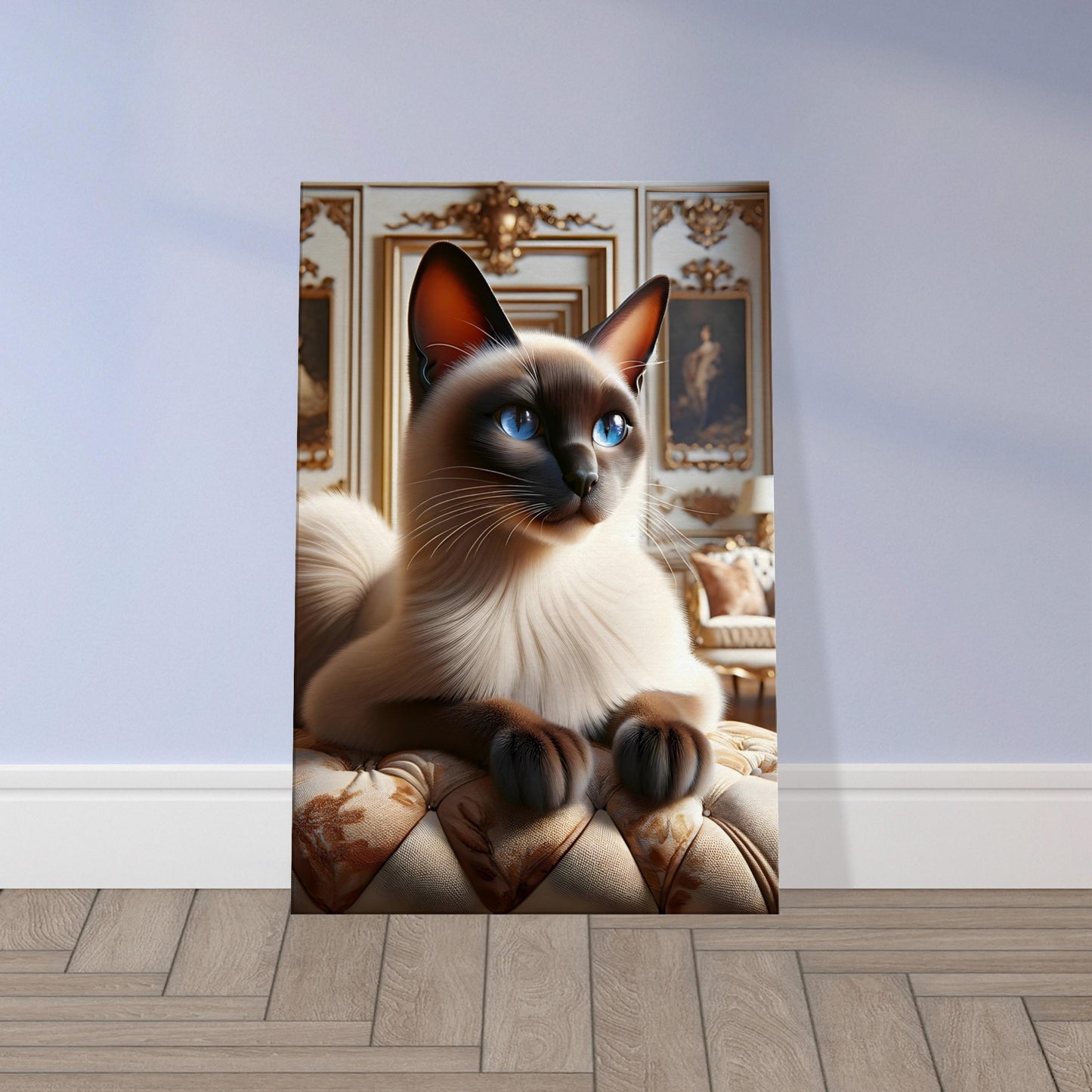 Realistic artwork of a Siamese cat with blue eyes seated in a Victorian interior with ornate furniture and warm lighting.
