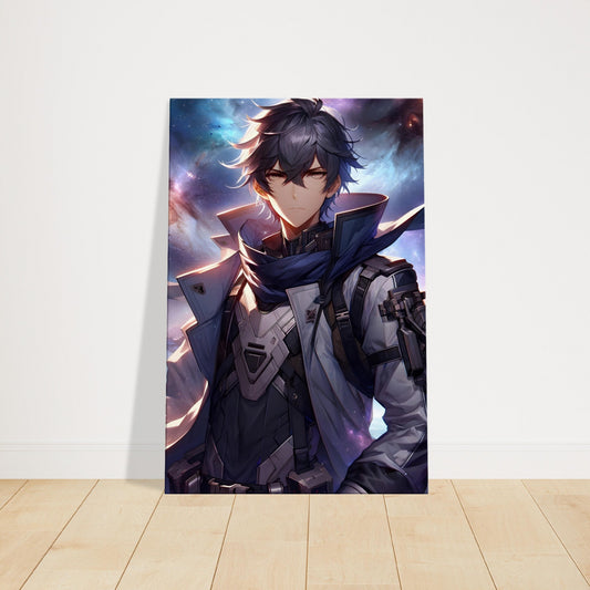 Anime-style character Ren with dark grey hair in combat gear, standing against a vibrant cosmic galaxy background.