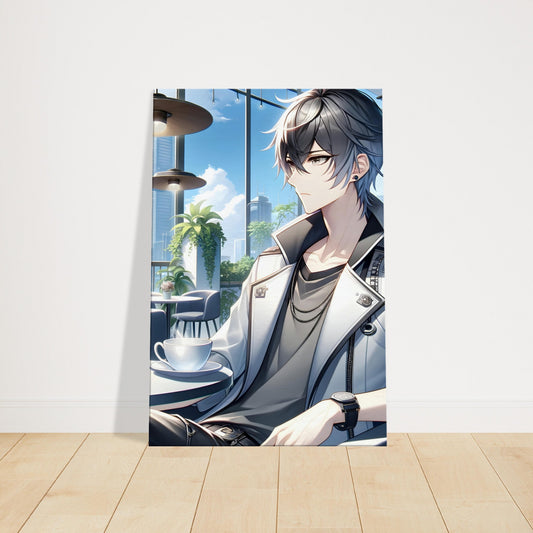 Anime character Ren at a futuristic rooftop café, wearing casual stylish attire with a serene city backdrop.