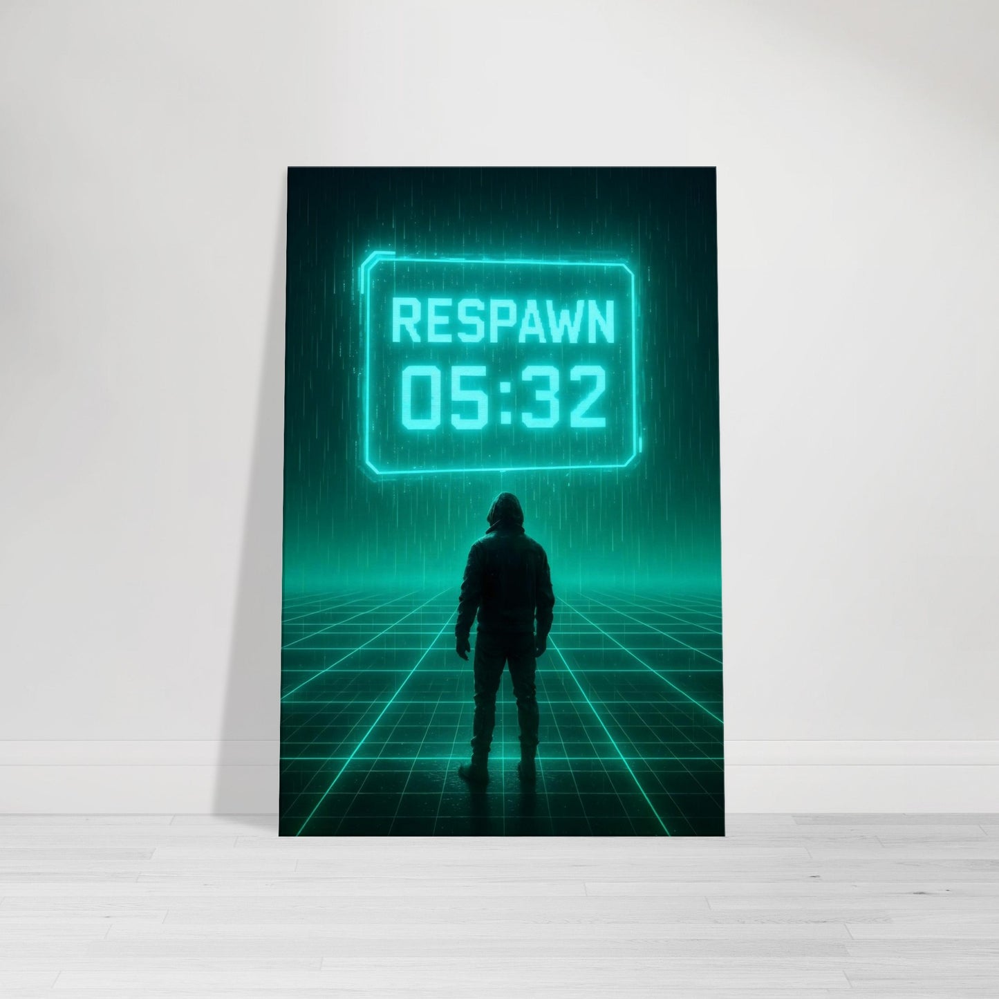 Gamer wall art showing glowing holographic respawn countdown timer above lone figure in grid void.