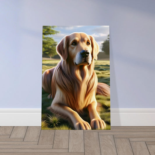 Golden Labrador Retriever resting on grass in a sunlit field with a sunset glow and tranquil rural background.
