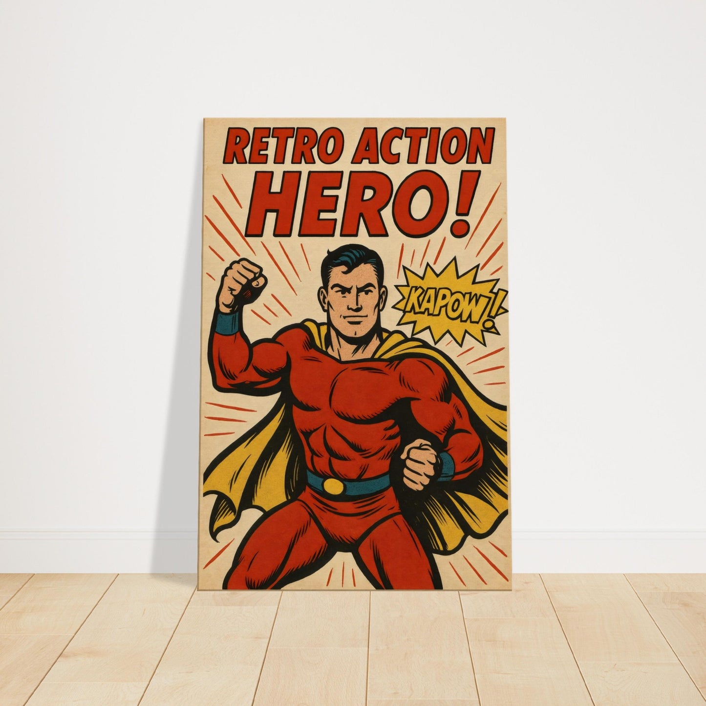 Vintage comic artwork of multiple superheroes striking action poses against starburst background in bright colours.