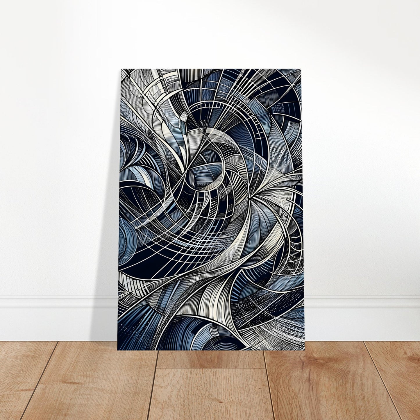 Abstract canvas with curving blue lines and white highlights, forming flowing contours that suggest rhythmic movement.