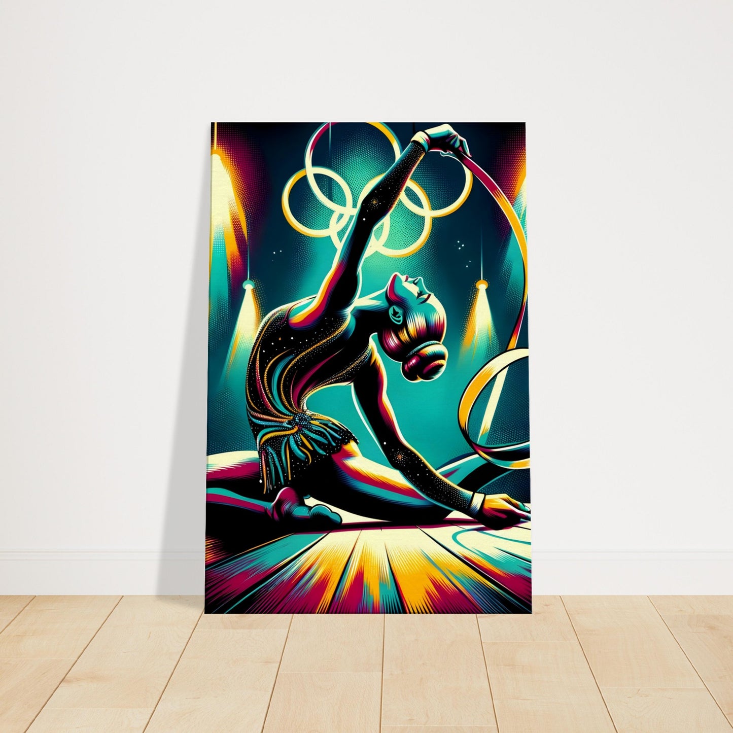 Canvas artwork of a rhythmic gymnast mid-performance with vivid swirls and flowing motion, highlighting grace and artistic movement.
