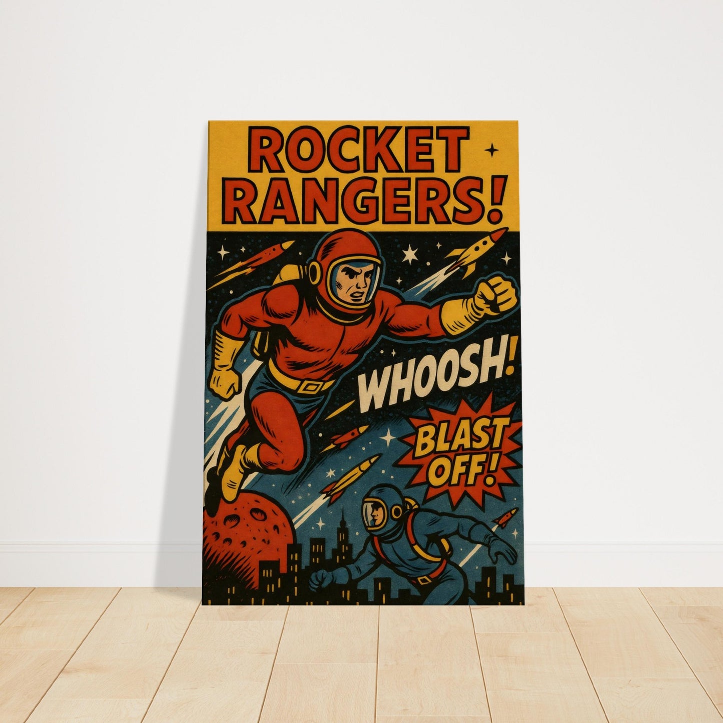 Vintage comic book art of retro astronauts with jetpacks flying through space with WHOOSH and BLAST OFF text.
