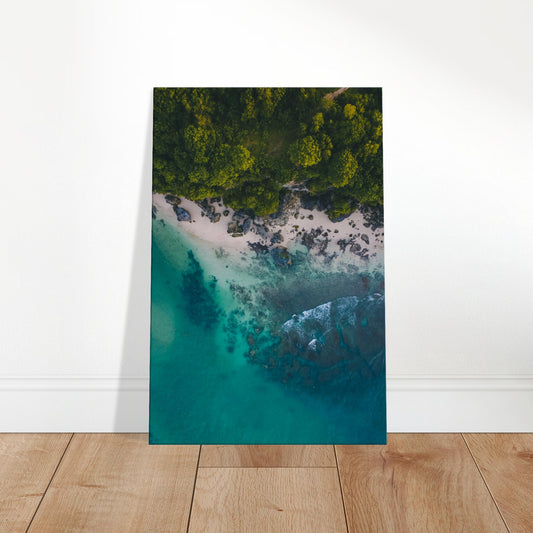 Aerial view of a rocky beach with lush forest bordering the shoreline and shallow turquoise water flowing around stone formations.