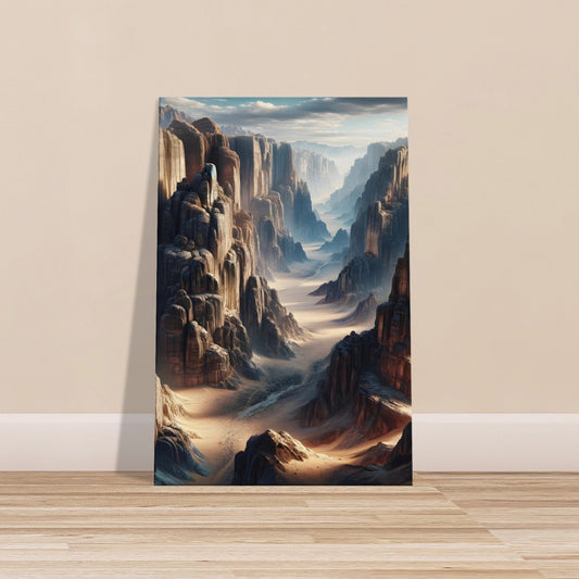 Majestic rocky desert canyon with towering cliffs and deep crevices under dramatic light and shadow.