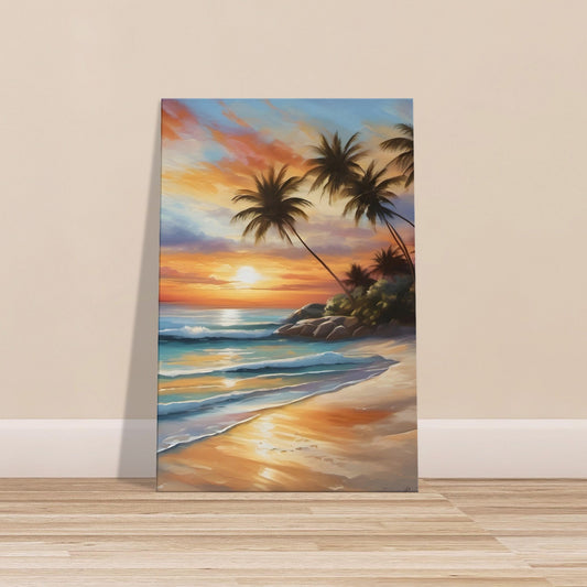 Rocky Palm Beach Sunset – Canvas Wall Art of Colourful Sunset, Palms, and Shoreline
