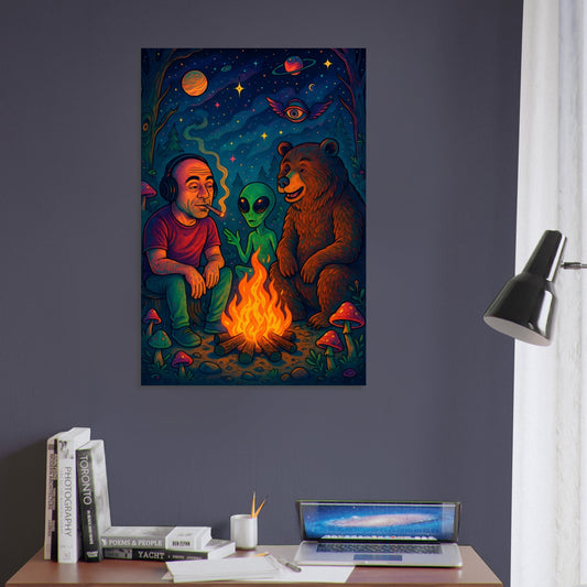 Joe Rogan sitting with a bear and an alien by a campfire under a starry sky – psychedelic podcast-style metal art.