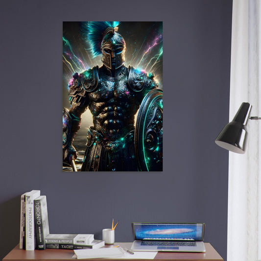 A Roman centurion in glowing cosmic armor stands in a dark battlefield with neon blue and green highlights on a metal poster.