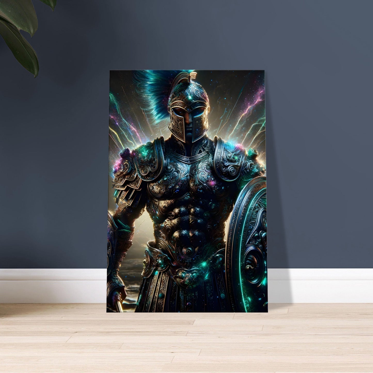 A Roman warrior in electric blue and neon green glowing armor stands on a dark ancient battlefield.