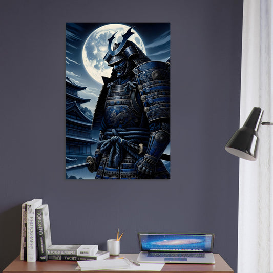 A Ronin warrior in deep blue and black armor stands in a moonlit Japanese village at night, illuminated by soft lunar glow.