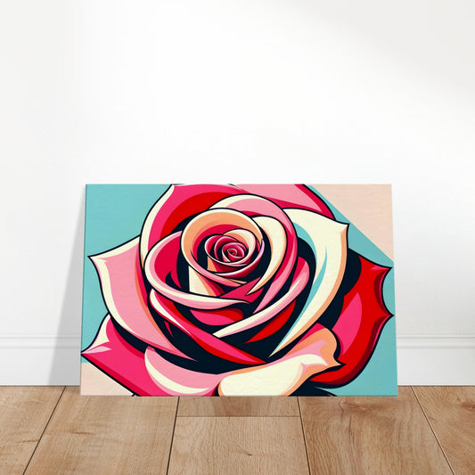Pop art rose with red and pink petals outlined in black, set against a soft pastel background.