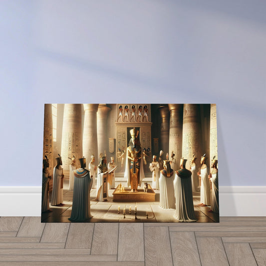 Pharaoh in ceremonial attire receiving a blessing in a lavish Egyptian temple with columns, priests, and golden interior details.