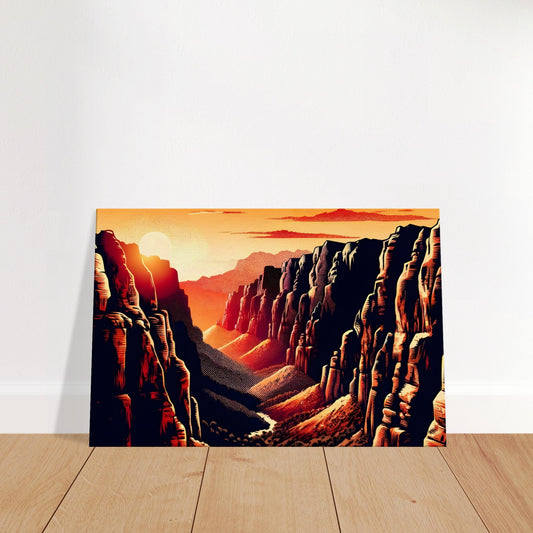 Pop art style canyon at sunset with vivid red cliffs, stylized clouds in orange and purple, and a winding river reflecting light.