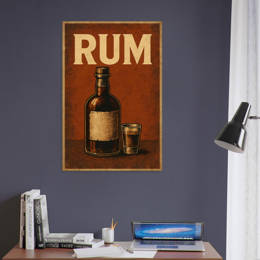 Metal poster showing a vintage rum bottle and shot glass with bold text “Bold & Barrel Aged.”
